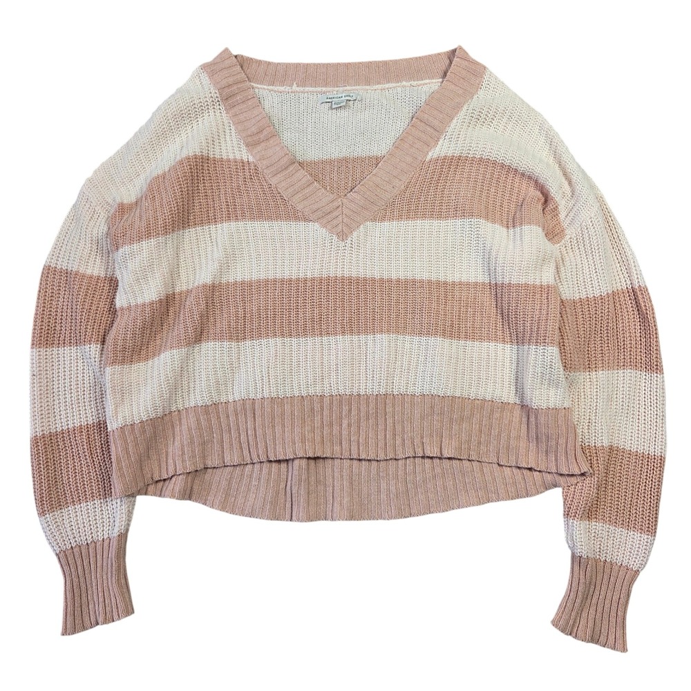 American Eagle Striped V Neck Sweater Womens XS Pink Knit Boho Western Preppy